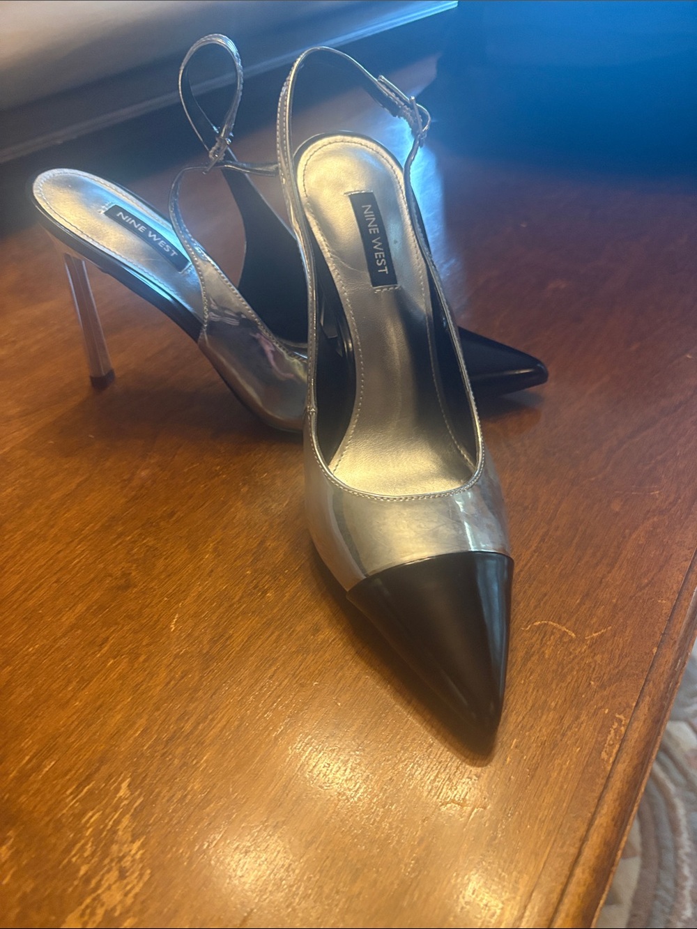 Nine West Silver Metallic Slingback Heels with Black Pointed Toe